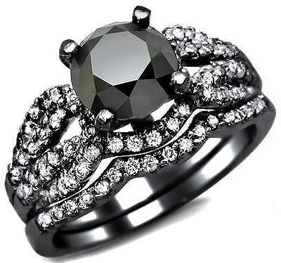 50CT BLACK ROUND DIAMOND ENGAGEMENT RING BRIDAL SET 14K BLACK GOLD