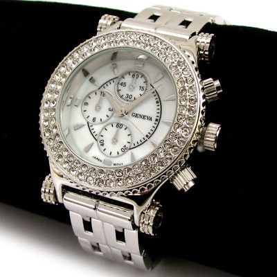 SILVER Bracelet 3D Geneva Designer Style Crystal Bezel Oversized Women 