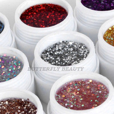 Nail Art 12 Colour Glitter UV Gel For UV lamp Brush Pen Topcoat Primer 