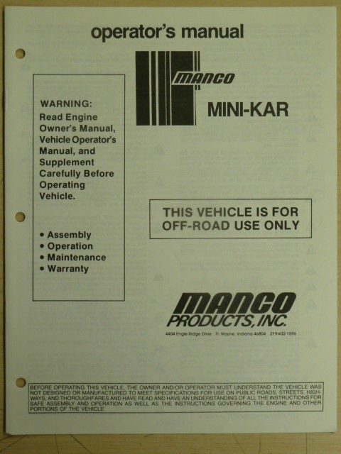 MANCO MINI KAR GO KART ASSEMBLY OPERATION MAINTENANCE WARRANTY MANUAL 