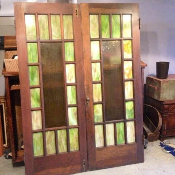   French Doors Oak 1910s Stained Glass interior doors 81.5H 60W