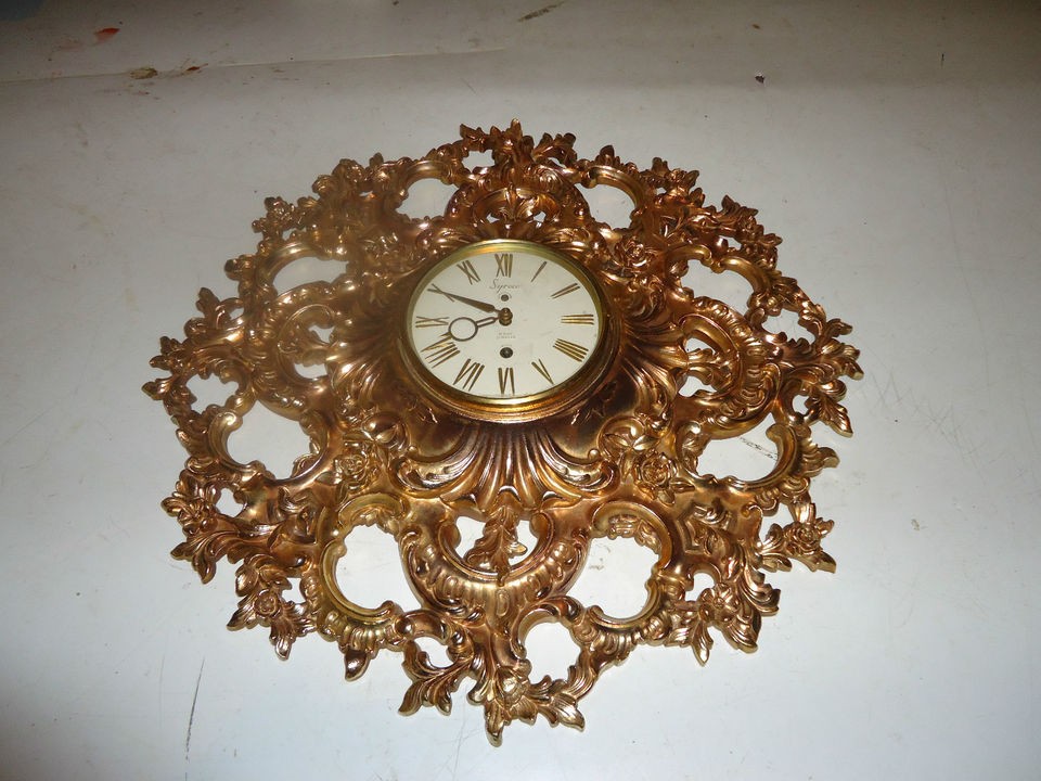   Hollywood Gold Colored Syroco Vintage Wall Clock  ExCond, Runs, Video