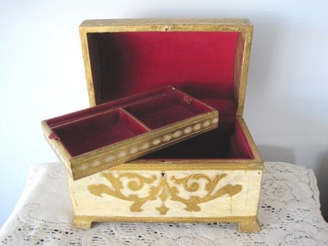   Florentine Vintage Tole Wood Jewelry Box Chest Trunk  Red Velvet