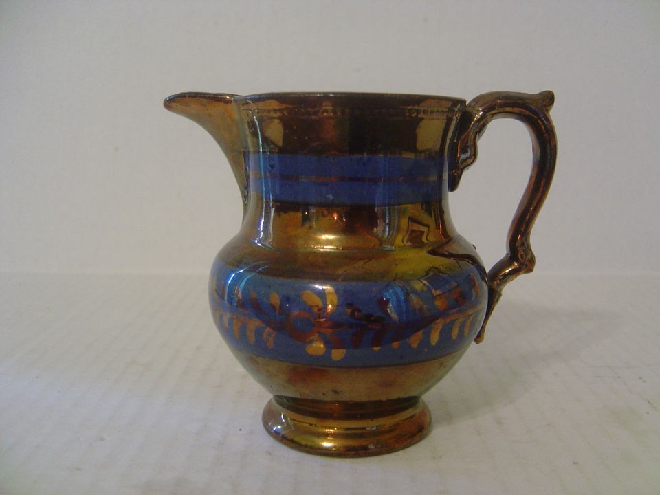   VINTAGE COPPER AND BLUE LUSTREWARE LUSTER PITCHER CREAMER REPAIRED