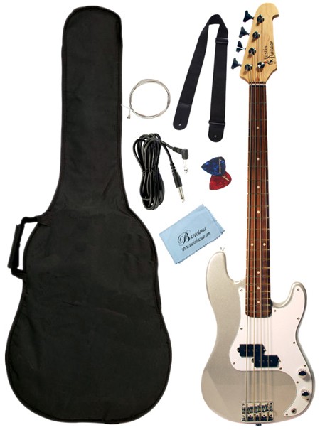 Barcelona Beginner Series 43 Inch Electric Bass Bundle   Silver