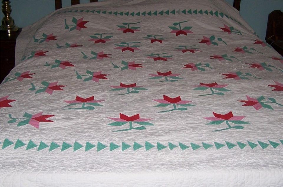Vintage Large Hand Stitched Applique Quilt w/ Red Pink & Green Flowers 