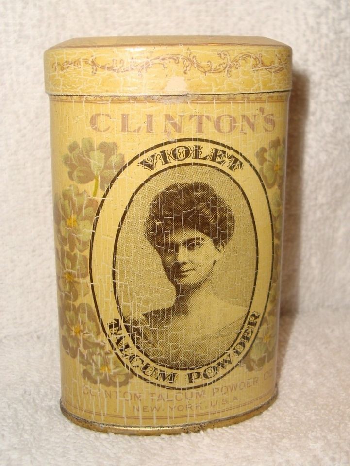 NOS VINTAGE CLINTONS VIOLET TALCUM POWDER IN METAL SHAKER CONTAINER