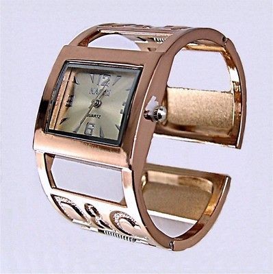 Silver Face Square Rose Gold Wide Hinged Cuff Bracelet Watch USA 