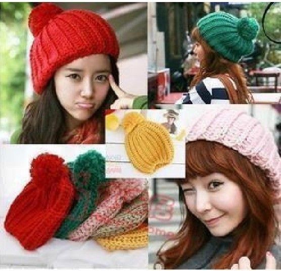   POMPOM KNIT CAP WARM BEANIES SKULL HATS BERET Winter SKI Acrylic