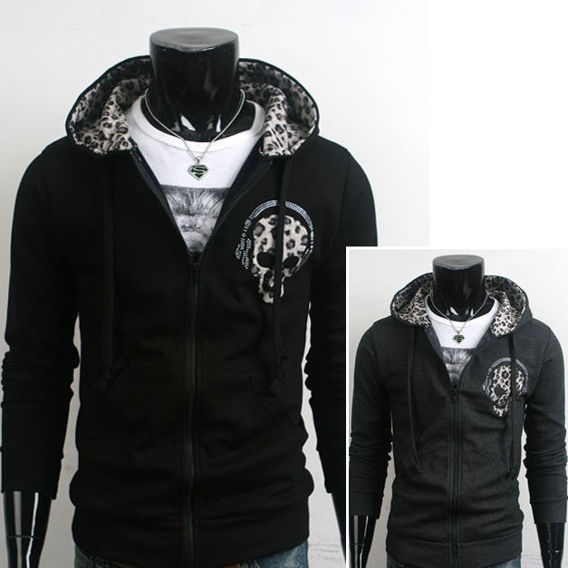 Mens Casual Slim Fit Leopard Skull Patch Zip Up Hooded Hoodies Jacket 