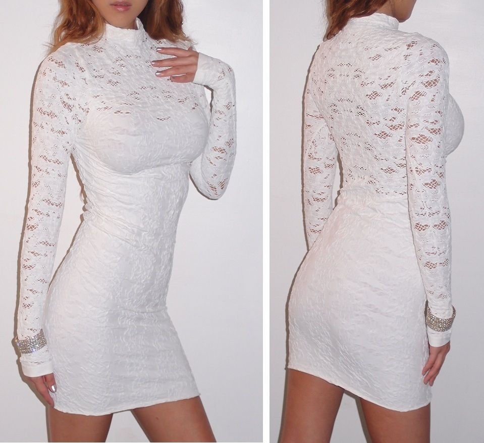   Floral Lace Long Sleeve Mock Turtleneck Backless Bodycon Mini Dress ML