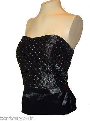   Bustier, Cachet, Black Shiny Shirred Rhinestone Studded Lined Dressy