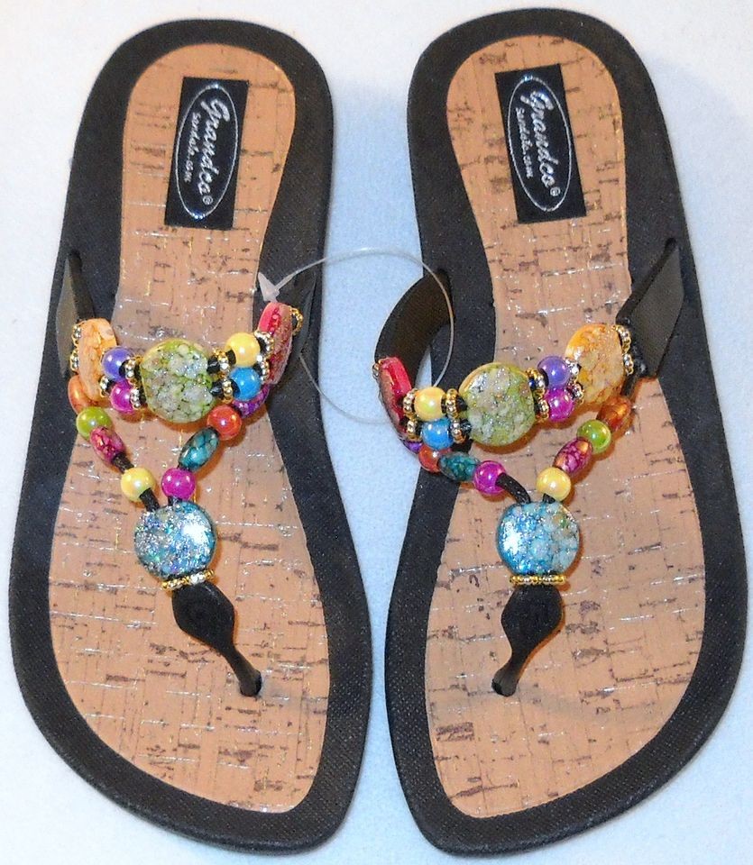 GRANDCO DRESSY Beach Pool SLIDE BLING Black Beaded Jeweled Sandals 