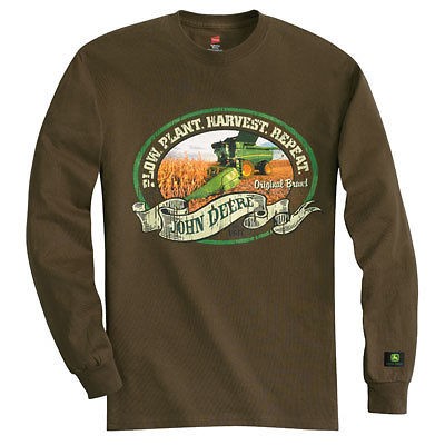 NEW John Deere Brown Long Sleeve Plow Plant Repeat Tee Size S M L XL 