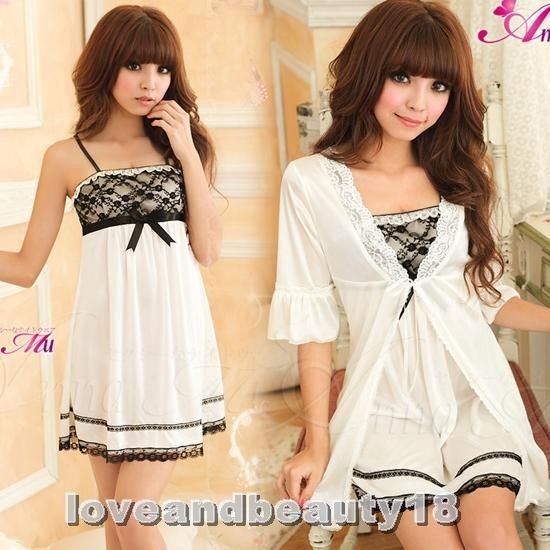 lovely satin nightdress gown robe+ babydoll dress sleepwear 2pc set