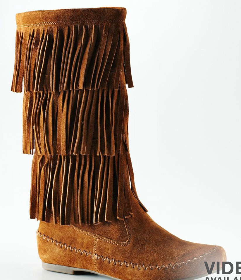 NIB~LAUREN CONRAD Mid Calf Thia Moccasin Fringed Suede Boots~Chestnut 