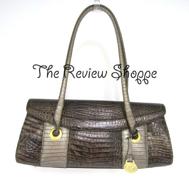 Brahmin Melbourne Croco Embossed Barrel Satchel Flap Bag Brown Gold