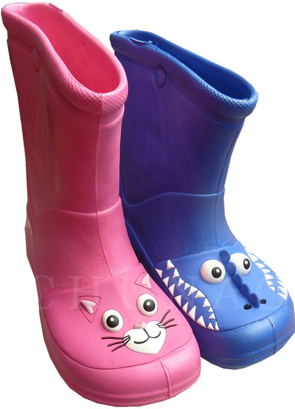 KIDS BLUE/PINK JU JU CROC STYLE WELLIES, WITH CAT FACE/ DINOSAUR FACE 