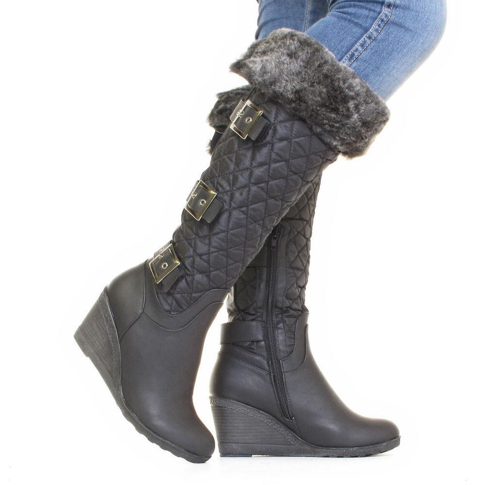 WOMENS BIKER ROCK CHIC WEDGE HEEL FUR KNEE HIGH BLACK QUILTED BOOTS 