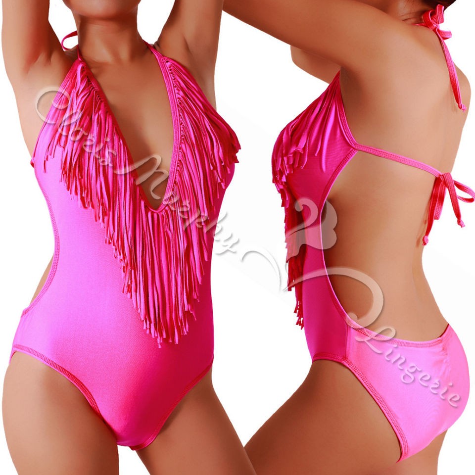 NEW Rose Pink Halter Neck Fringed Tassel One Piece Monokini 