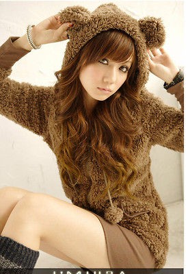 Cute Bear Ear Hoodie Top Coats Jackets Fleece Warm Outerwear Size M 