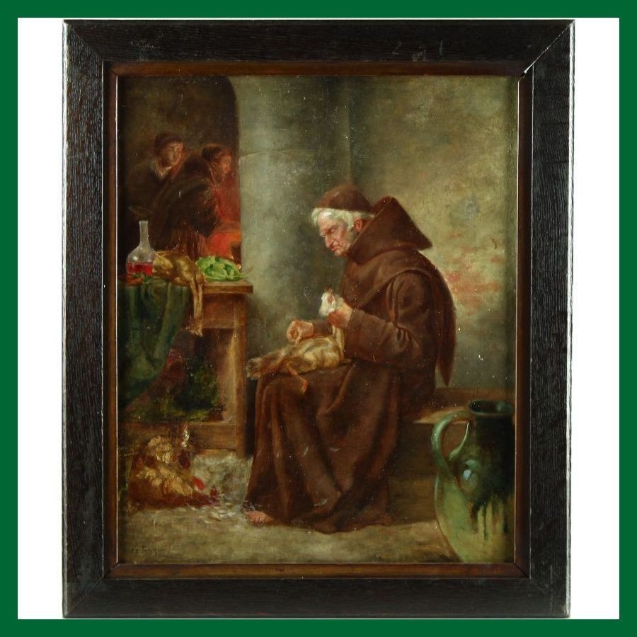 Italian School Monk Plucking Chicken Antique Oil Painting   FREE UK 