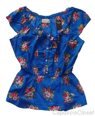 Abercrombie Womens Shirt MELANIE Top Peasant Floral Print Blue Sz L 