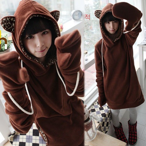 Women Cartoon Bear Ear Leopard Pullover Sweats Hoody Hoodie Outerwear 