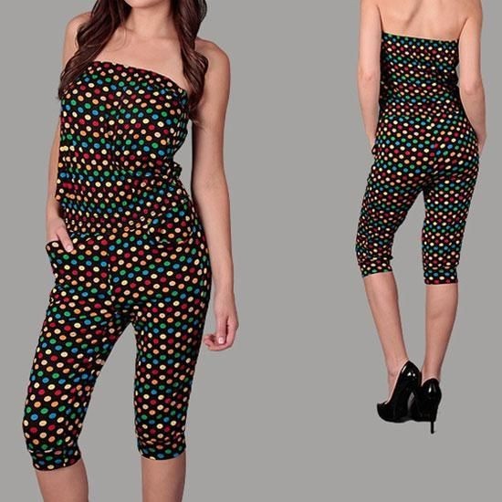 AL 12  1X 2X 3X Strapless Rainbow Polka Dot Capri Romper Jumpsuit 