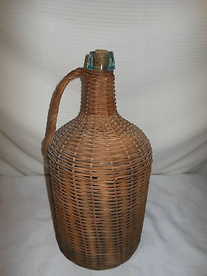 VINTAGE WICKER WOVEN BOTTLE LARGE 18  BLUE AQUA GREEN HANDLE