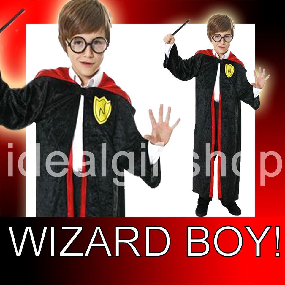 Childs Halloween Wizard Boy Robe Velour Black Cape Red Lined Hood 