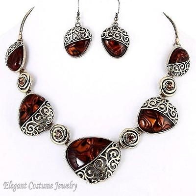   Brown Swirl Antique Gold Chunky Necklace Set Elegant Costume Jewelry