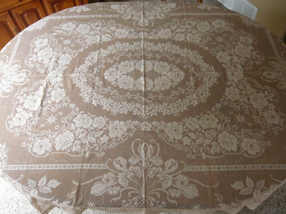 LACE ECRU FILLET TABLECLOTH ROSES AND IRIS DESIGN 82X61