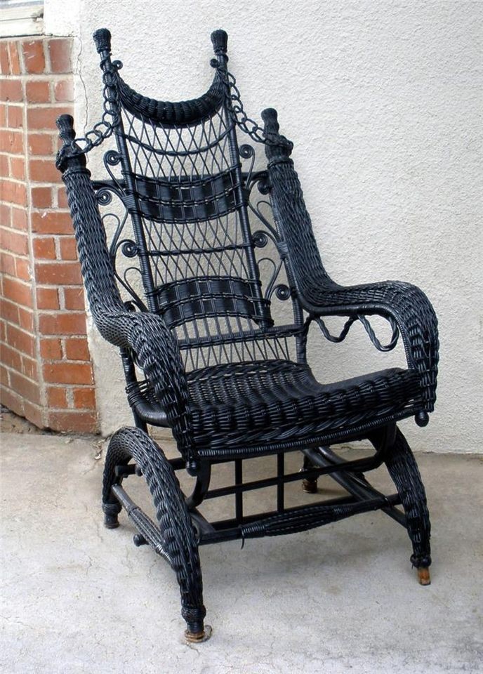 Antique Vintage Victorian Gothic Wicker Black Platform Glider Rocker 