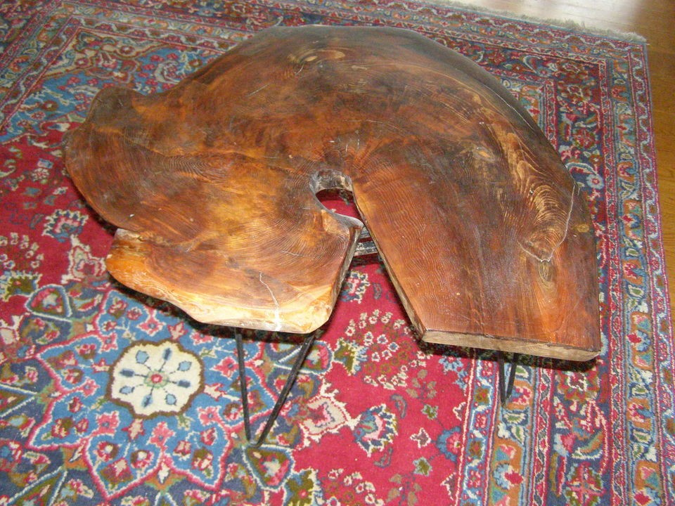   1950S? REDWOOD SLAB BURL TABLE HAIRPIN LEGS ADJUSTABLE CALIFORNIA