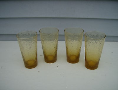 Vintage Amber Crackle Glass 12oz Tumblers Water Glasses