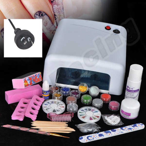 Acrylic 6 Powder Liquid NAIL ART KIT + 220V White Nail UV Lamp Light 