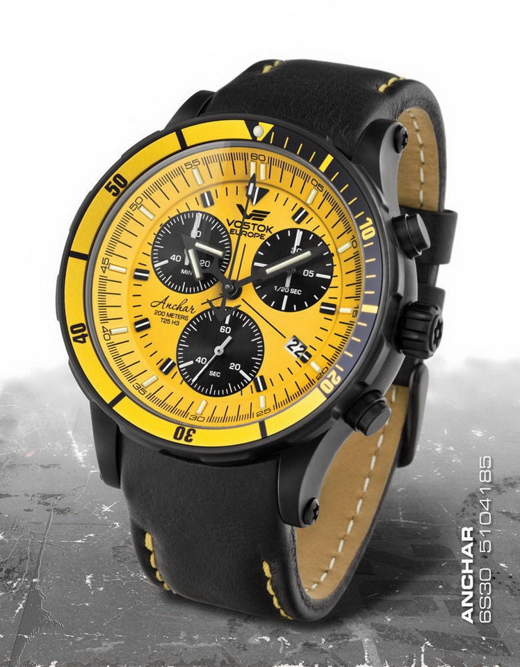 NEW MENS VOSTOK EUROPE YELLOW ANCHAR GRAND CHRONO WRIST WATCH + BLACK 