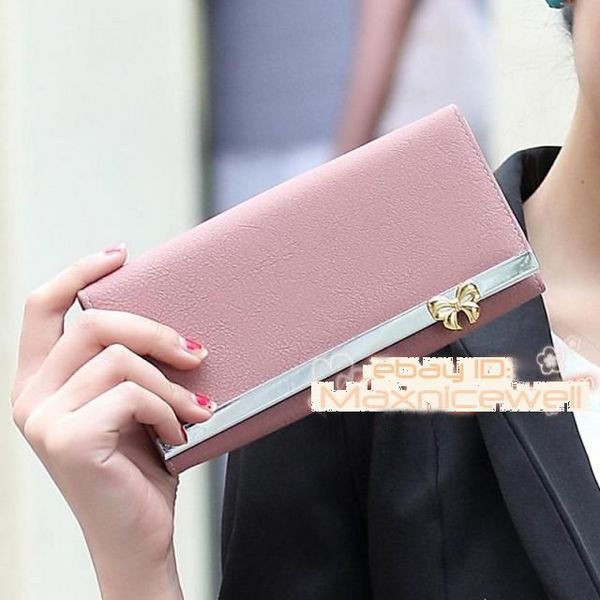 Fashion Womens Button PU Leather Bowknot Wallet Clutch Purse Long 