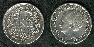 1944 P CURACAO 10 CENTS COIN ~ WILHELMINA ~ NETHERLANDS ~ SILVER