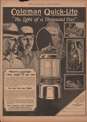 1923 COLEMAN LAMP QUICK LITE CAMPING HUNTING FISH GAS WICHITA FARM 