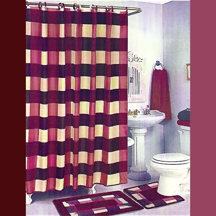 BURGUNDY BATH SET 2 Bath Mat/Rugs+Fabri​c Shower Curtain+Fabric 