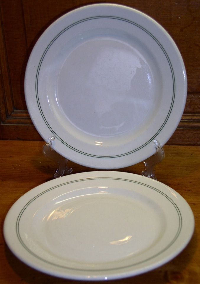 TWO McNicol China Green Rings Pattern 9 1/8 Restaurant Dinner Plates