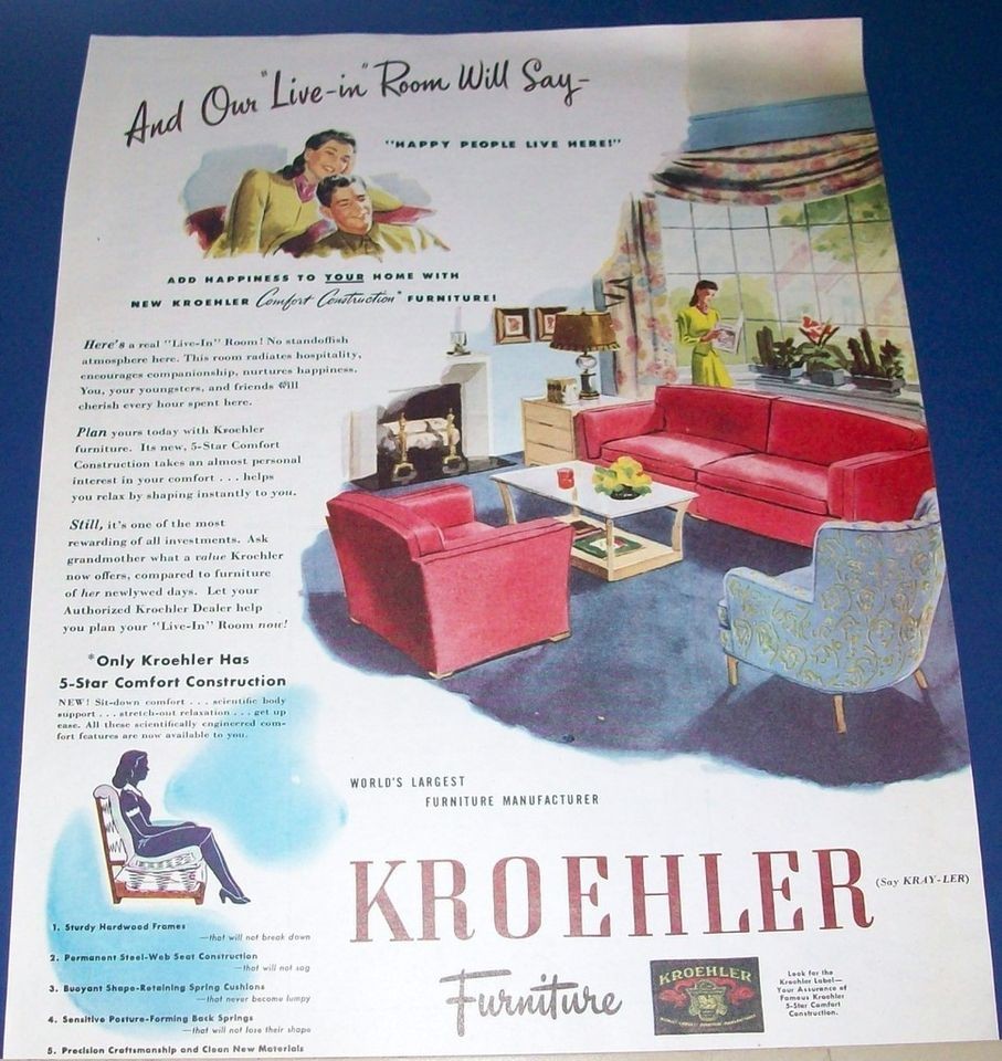 1945 Kroehler furniture Ad ~ living room sofa & chairs ~ Live In Room