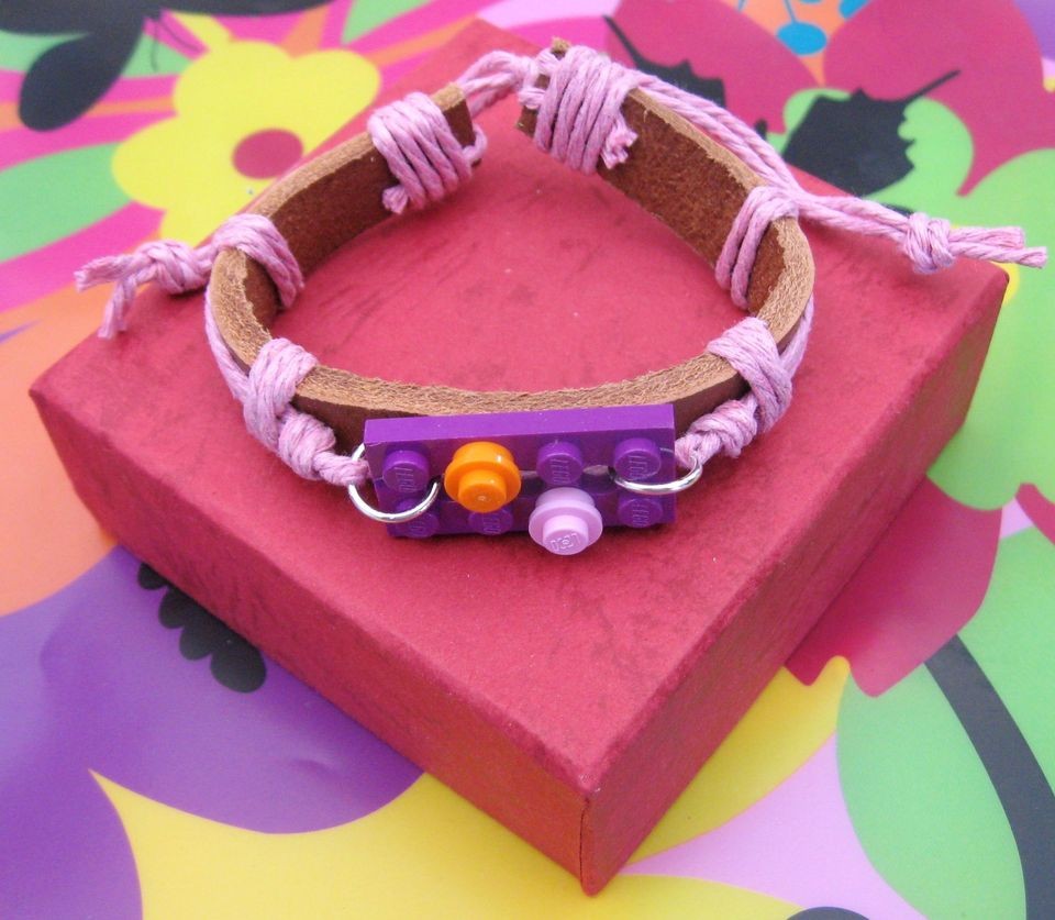   LEGO BRACELET LEATHER & HEMP ADJUSTABLE ZINGY YELLOW,RED OR PURPLE