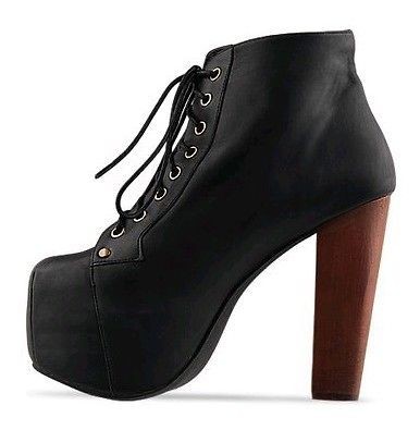 New Black Lace Up Cuban Heel Platform Ankle Boots #A37