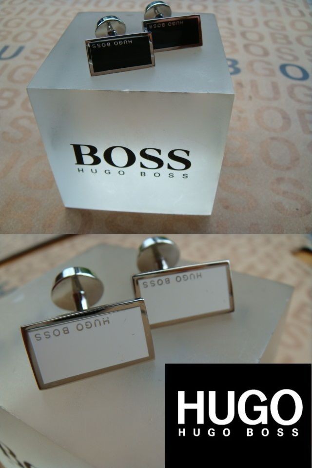 NEW HUGO BOSS DESIGNER TIE BLACK WHITE SILVER CUFFLINKS