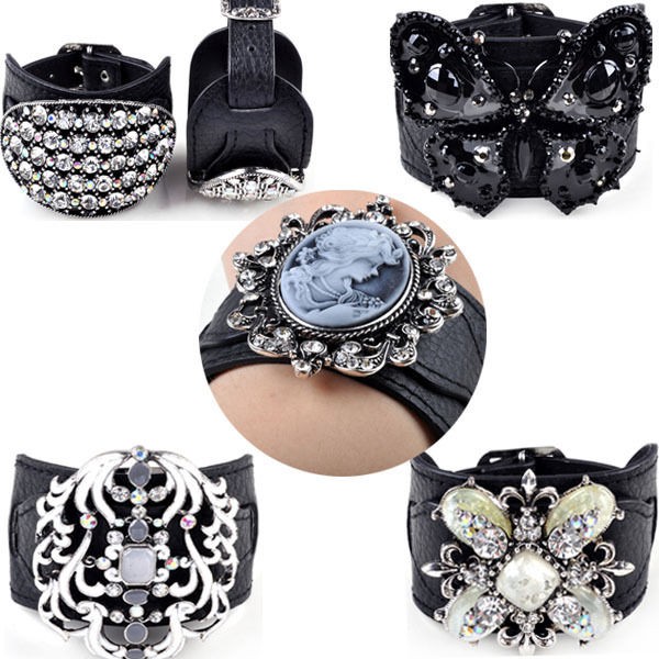 Luxury Punk Black Leather Rhinestone Bangle Cuff Buckle Bracelet 
