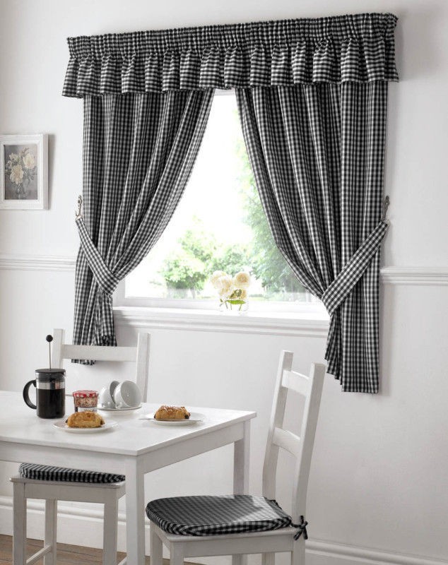 GINGHAM CHECK BLACK WHITE KITCHEN CURTAINS DRAPES 3 SIZES PELMET SEAT 