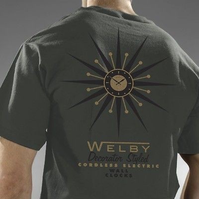 NEW OLIVE VINTAGE STARBURST ELGIN CLOCK TSHIRT METALLIC COPPER MODERN 